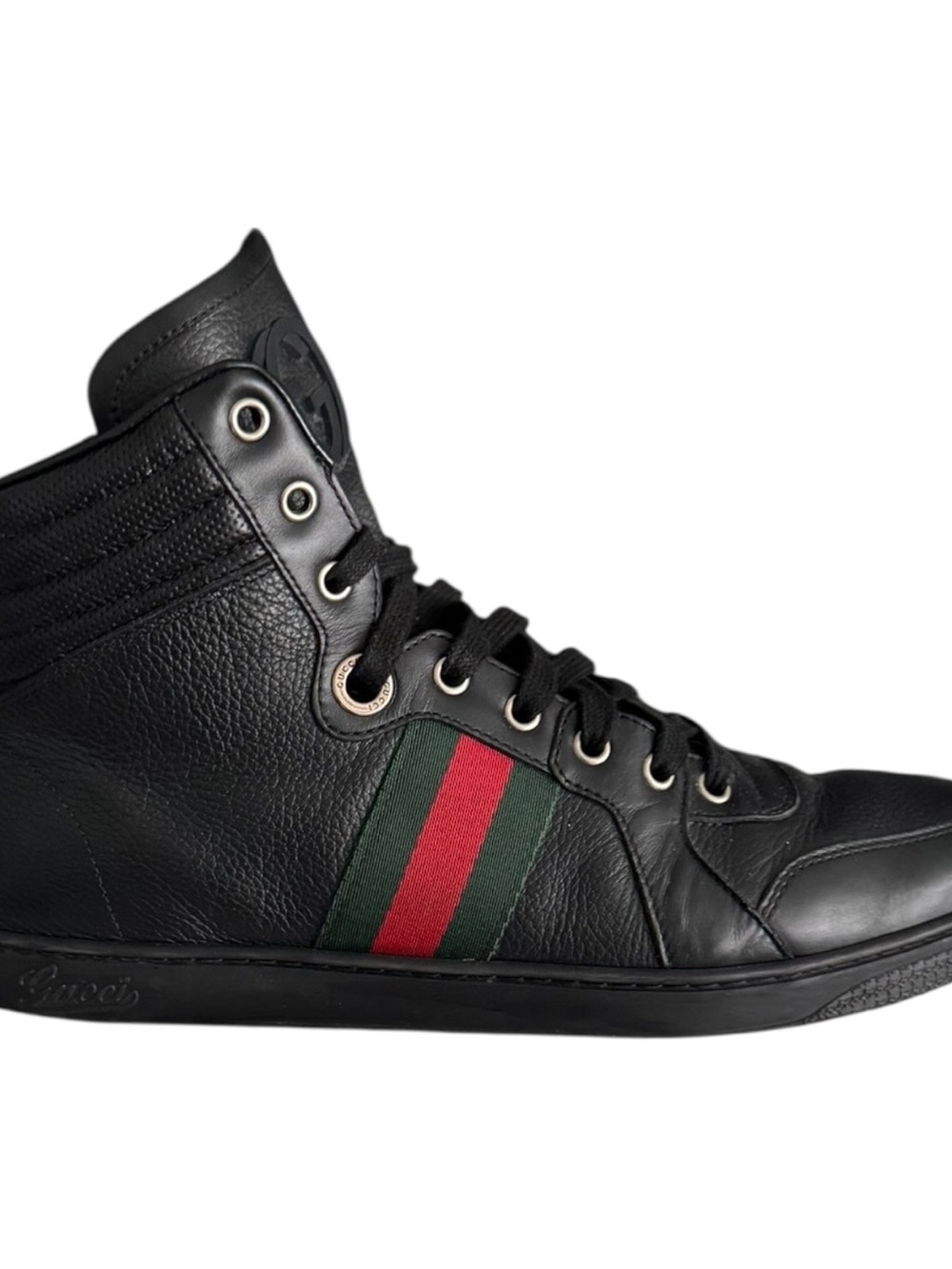Gucci Black Leather High-Top Sneaker with Green & Red Web